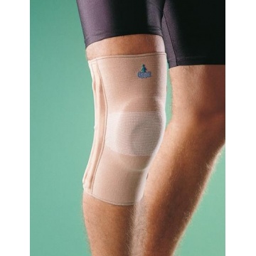 Elastyczny stabilizator stawu kolanowego z przewiewnej tkaniny, ze wzmocnieniami bocznymi i silikonowym wzmocnieniem rzepki 